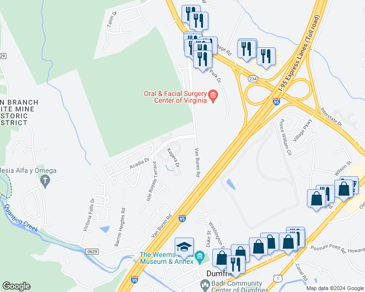 map of restaurants, bars, coffee shops, grocery stores, and more near 4003 Mammoth Cave Loop in Dumfries