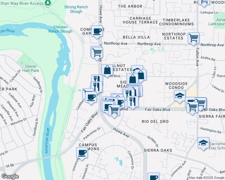 map of restaurants, bars, coffee shops, grocery stores, and more near 610 Howe Avenue in Sacramento