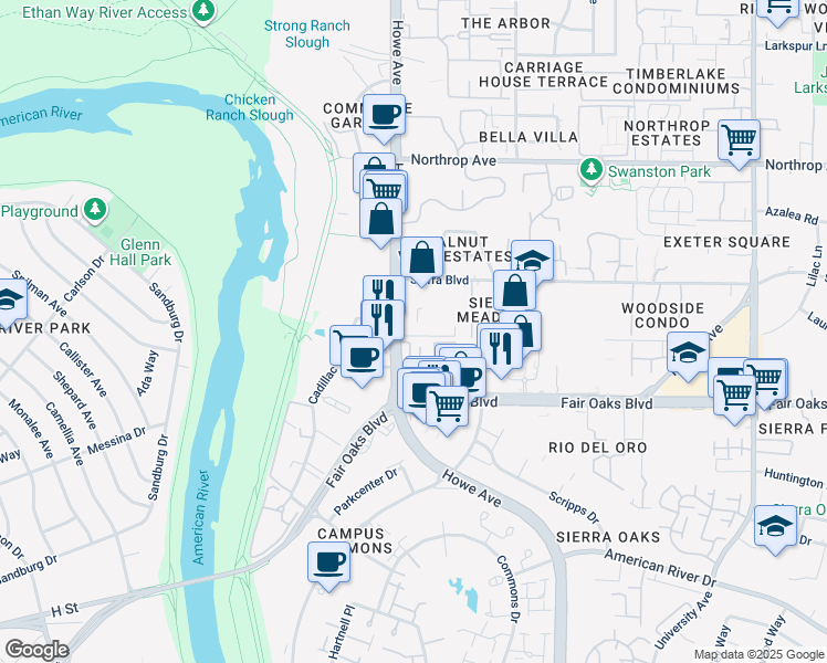 map of restaurants, bars, coffee shops, grocery stores, and more near 610 Howe Avenue in Sacramento