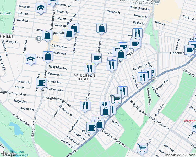 map of restaurants, bars, coffee shops, grocery stores, and more near 4955 Finkman Street in St. Louis