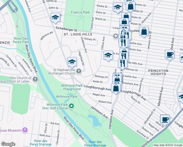 map of restaurants, bars, coffee shops, grocery stores, and more near 6061 Childress Avenue in St. Louis