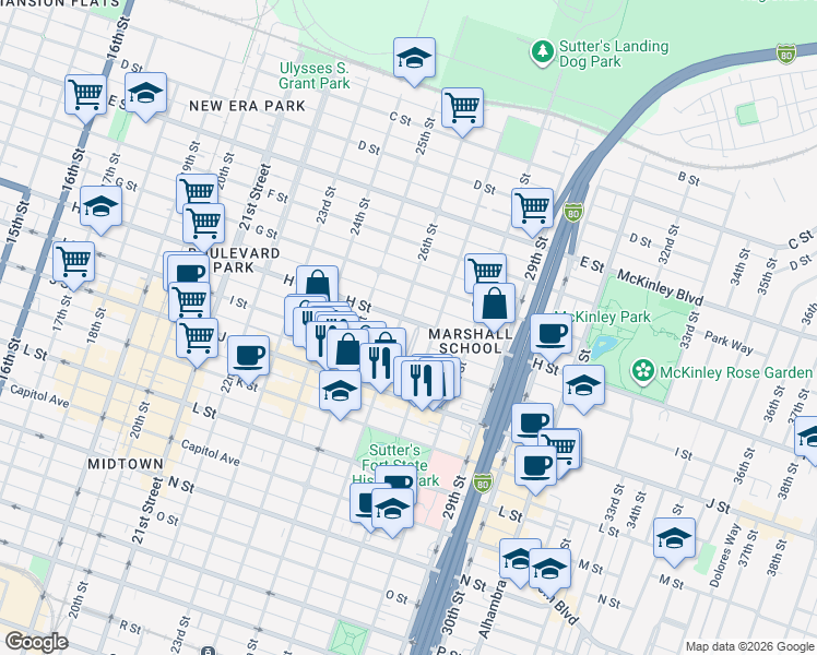 map of restaurants, bars, coffee shops, grocery stores, and more near 2623 H Street in Sacramento