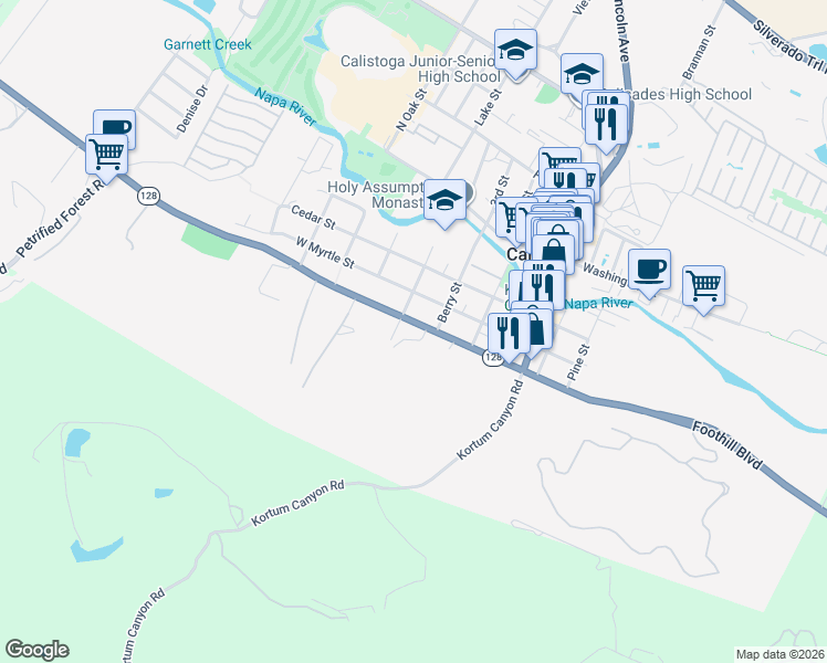 map of restaurants, bars, coffee shops, grocery stores, and more near 1520 Foothill Boulevard in Calistoga