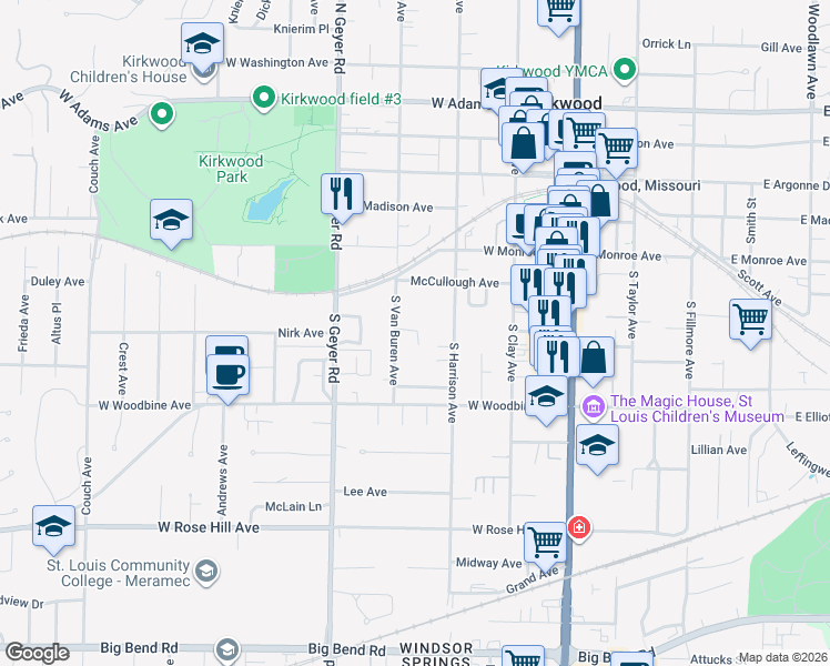 map of restaurants, bars, coffee shops, grocery stores, and more near 331 Barrington Square Estates in Kirkwood