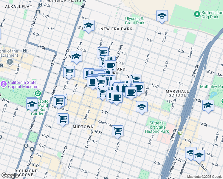map of restaurants, bars, coffee shops, grocery stores, and more near 2114 I Street in Sacramento