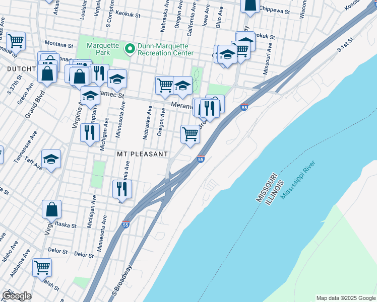 map of restaurants, bars, coffee shops, grocery stores, and more near 4337 South Broadway Street in St. Louis