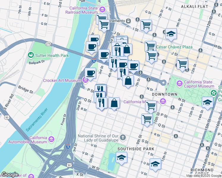 map of restaurants, bars, coffee shops, grocery stores, and more near 1500 5th Street in Sacramento
