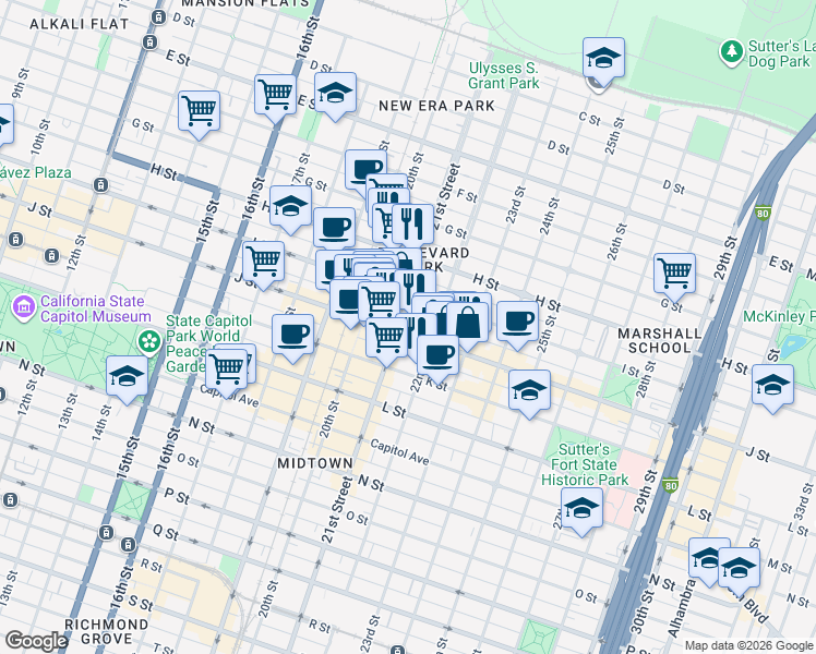 map of restaurants, bars, coffee shops, grocery stores, and more near 2114 I Street in Sacramento
