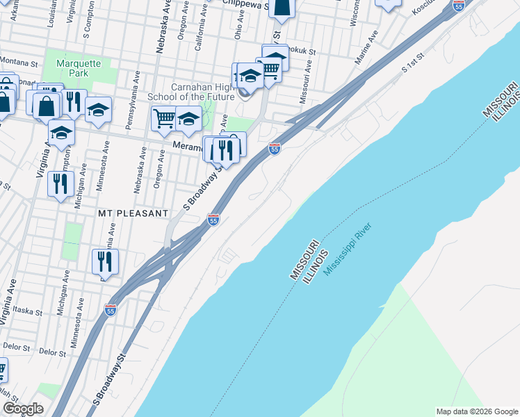 map of restaurants, bars, coffee shops, grocery stores, and more near 45 South 1st Street in Saint Louis