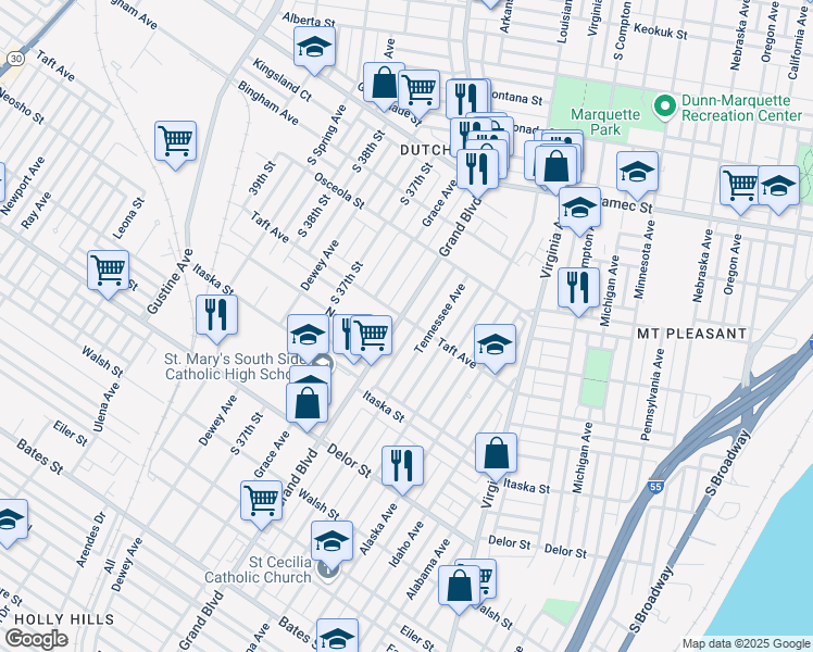 map of restaurants, bars, coffee shops, grocery stores, and more near 4604 South Grand Boulevard in St. Louis