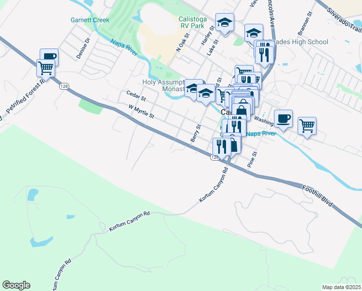 map of restaurants, bars, coffee shops, grocery stores, and more near 1513 Foothill Boulevard in Calistoga