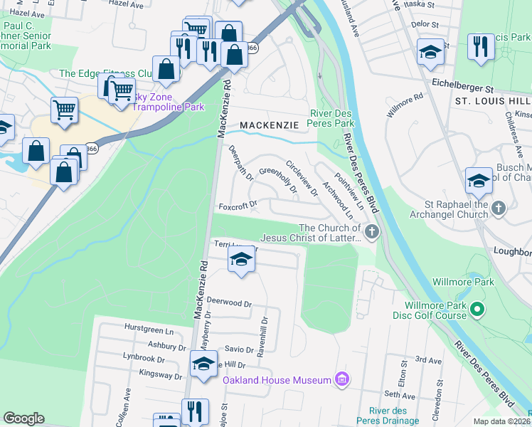 map of restaurants, bars, coffee shops, grocery stores, and more near 7022 Foxcroft Drive in St. Louis