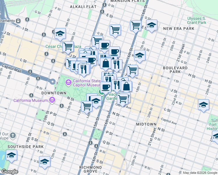 map of restaurants, bars, coffee shops, grocery stores, and more near 1127 15th Street in Sacramento