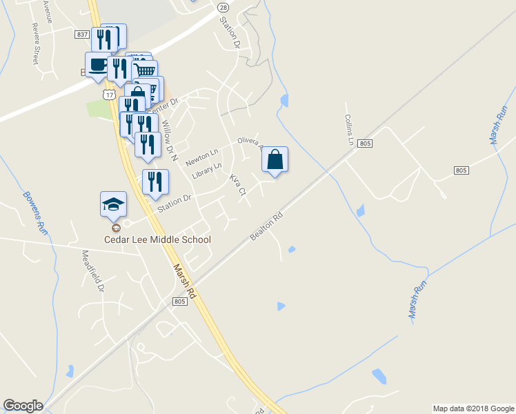 map of restaurants, bars, coffee shops, grocery stores, and more near 11135 Kira Court in Bealeton