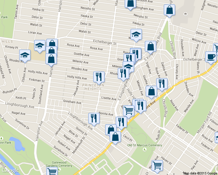 map of restaurants, bars, coffee shops, grocery stores, and more near 4951 Finkman Street in St. Louis
