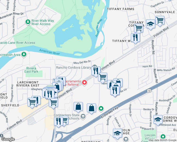 map of restaurants, bars, coffee shops, grocery stores, and more near 2854 Paseo Rio Way in Sacramento