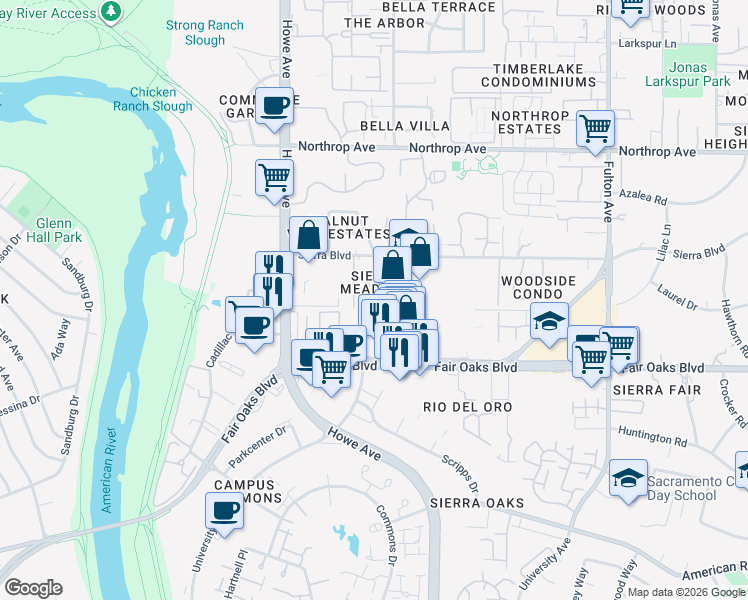 map of restaurants, bars, coffee shops, grocery stores, and more near 2278 Sierra Boulevard in Sacramento