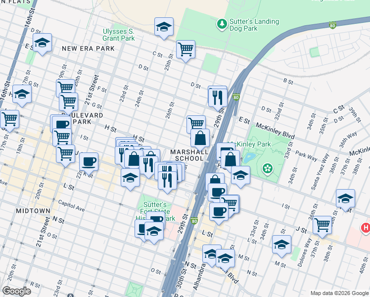 map of restaurants, bars, coffee shops, grocery stores, and more near 2718 G Street in Sacramento