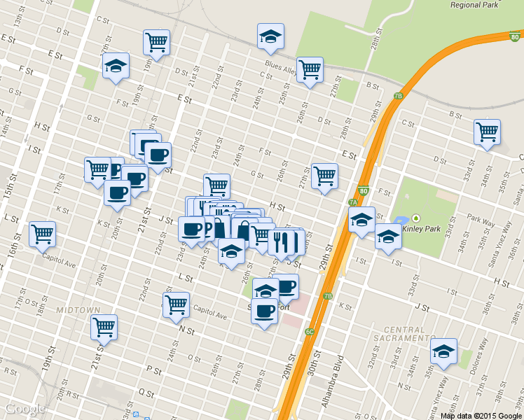 map of restaurants, bars, coffee shops, grocery stores, and more near 2519 H Street in Sacramento