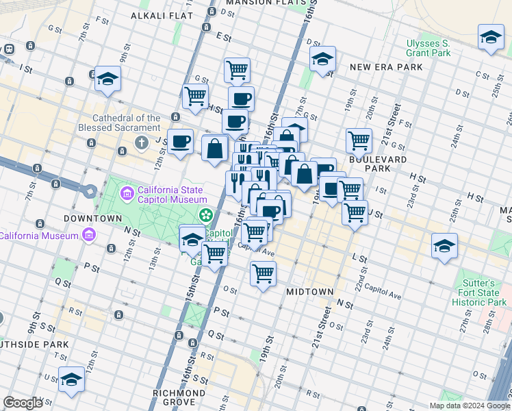 map of restaurants, bars, coffee shops, grocery stores, and more near 1615 K Street in Sacramento