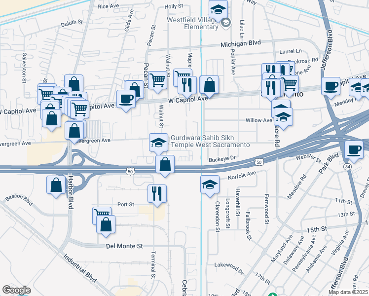 map of restaurants, bars, coffee shops, grocery stores, and more near 2145 Evergreen Avenue in West Sacramento