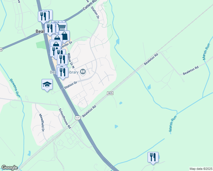 map of restaurants, bars, coffee shops, grocery stores, and more near 11135 Kira Court in Bealeton