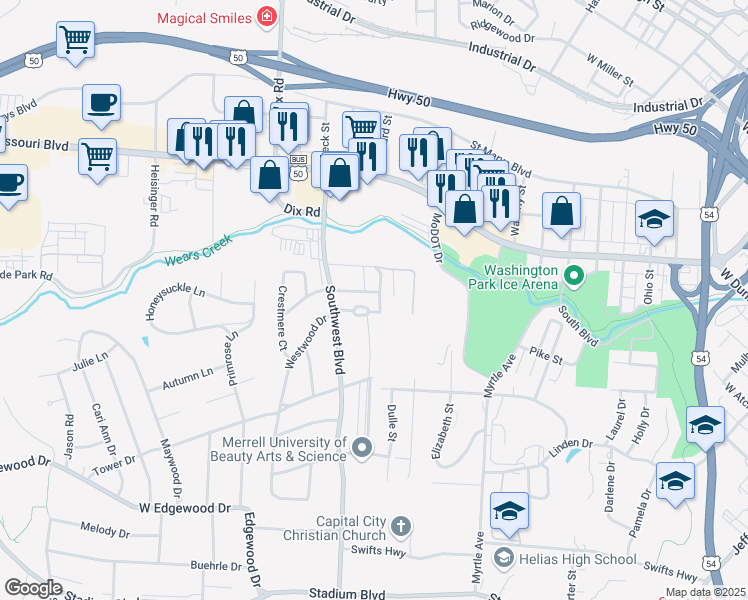 map of restaurants, bars, coffee shops, grocery stores, and more near 823 Southwest Boulevard in Jefferson City