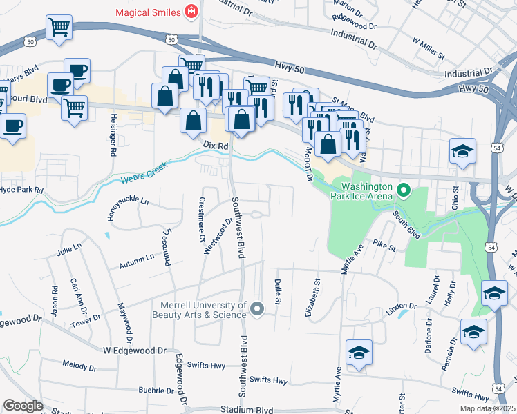 map of restaurants, bars, coffee shops, grocery stores, and more near 823 Southwest Boulevard in Jefferson City
