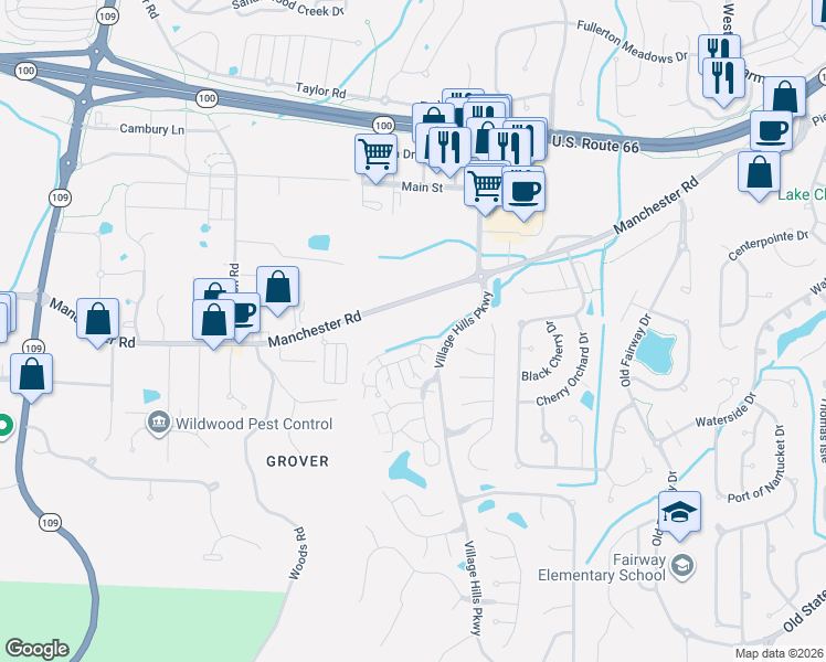 map of restaurants, bars, coffee shops, grocery stores, and more near 16828 Manchester Road in Wildwood