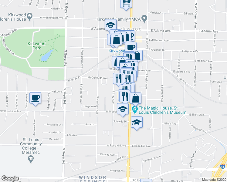 map of restaurants, bars, coffee shops, grocery stores, and more near W Clinton Pl in St Louis