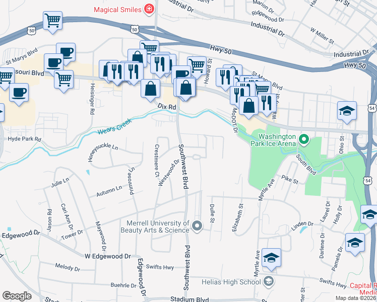 map of restaurants, bars, coffee shops, grocery stores, and more near 827 Southwest Boulevard in Jefferson City