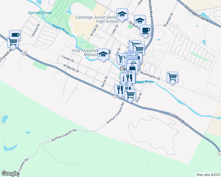 map of restaurants, bars, coffee shops, grocery stores, and more near 1403 Myrtle Street in Calistoga