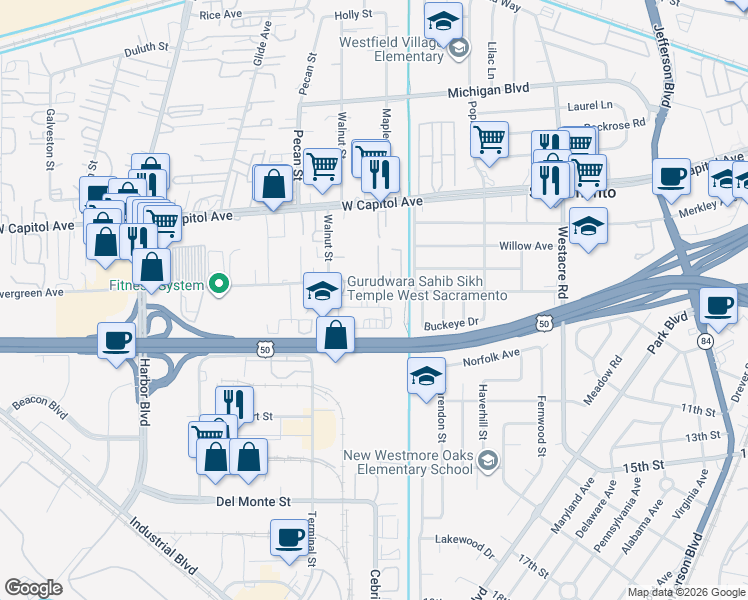 map of restaurants, bars, coffee shops, grocery stores, and more near 2145 Evergreen Avenue in West Sacramento