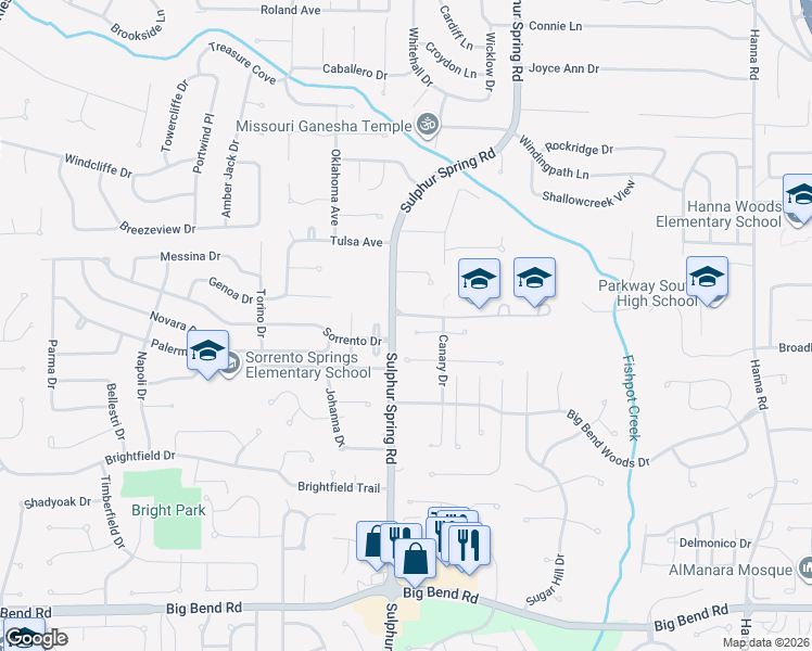 map of restaurants, bars, coffee shops, grocery stores, and more near 504 Wren Avenue in Ballwin