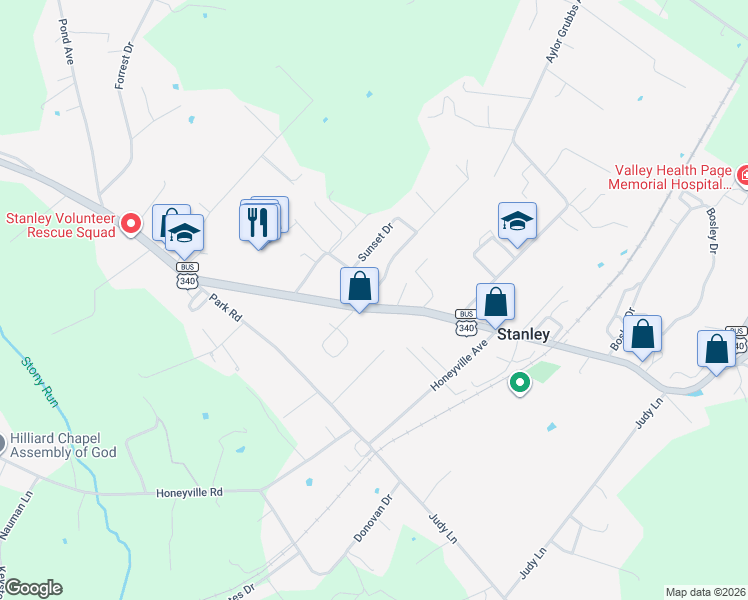 map of restaurants, bars, coffee shops, grocery stores, and more near 163 Al Good Drive in Stanley