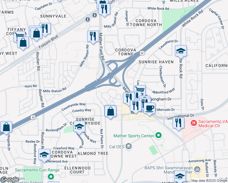 map of restaurants, bars, coffee shops, grocery stores, and more near 10308 Placer Lane in Sacramento