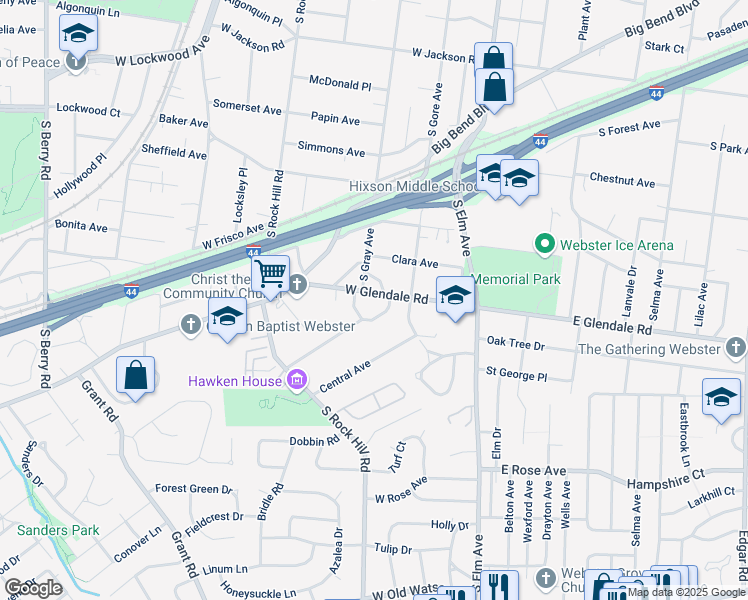 map of restaurants, bars, coffee shops, grocery stores, and more near 4 Brightside Place in Webster Groves