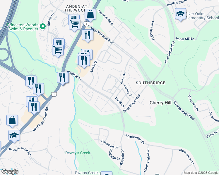 map of restaurants, bars, coffee shops, grocery stores, and more near 3064 Metheny Place in Dumfries