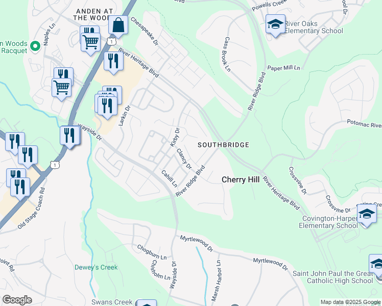 map of restaurants, bars, coffee shops, grocery stores, and more near 17311 Sligo Loop in Dumfries