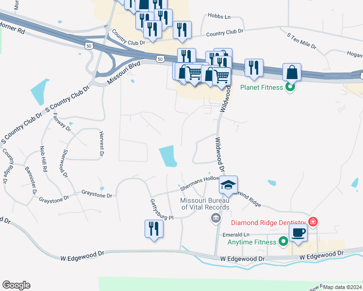 map of restaurants, bars, coffee shops, grocery stores, and more near 3521 Knipp Drive in Jefferson City