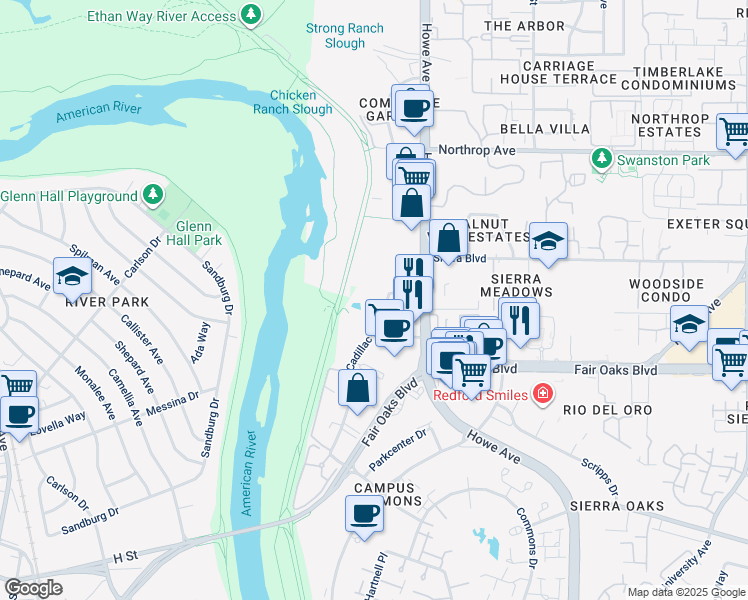 map of restaurants, bars, coffee shops, grocery stores, and more near 601 Feature Drive in Sacramento