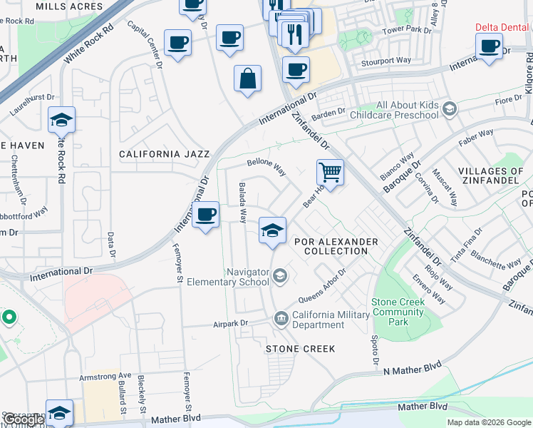 map of restaurants, bars, coffee shops, grocery stores, and more near 3249 Aboto Way in Rancho Cordova