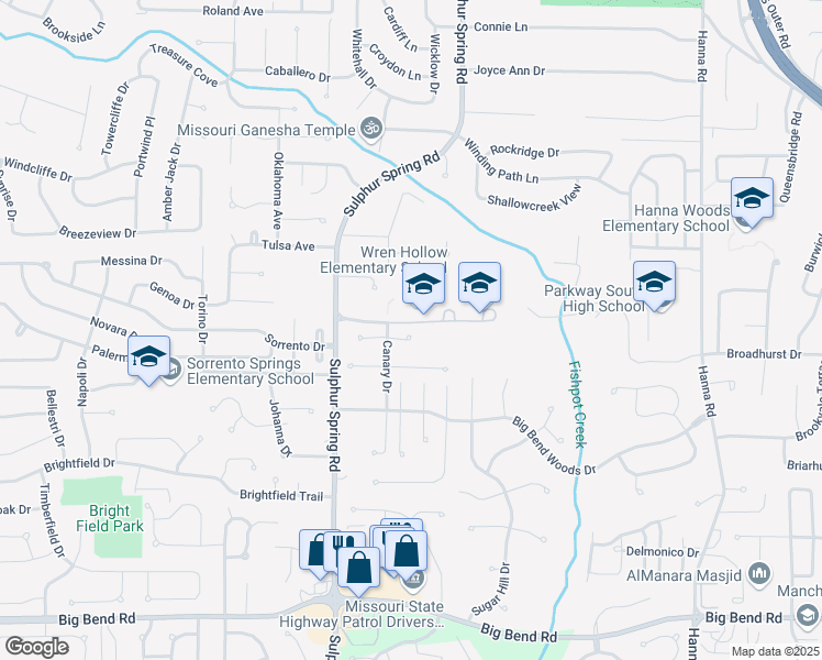 map of restaurants, bars, coffee shops, grocery stores, and more near 609 Audubon Place Court in Ballwin