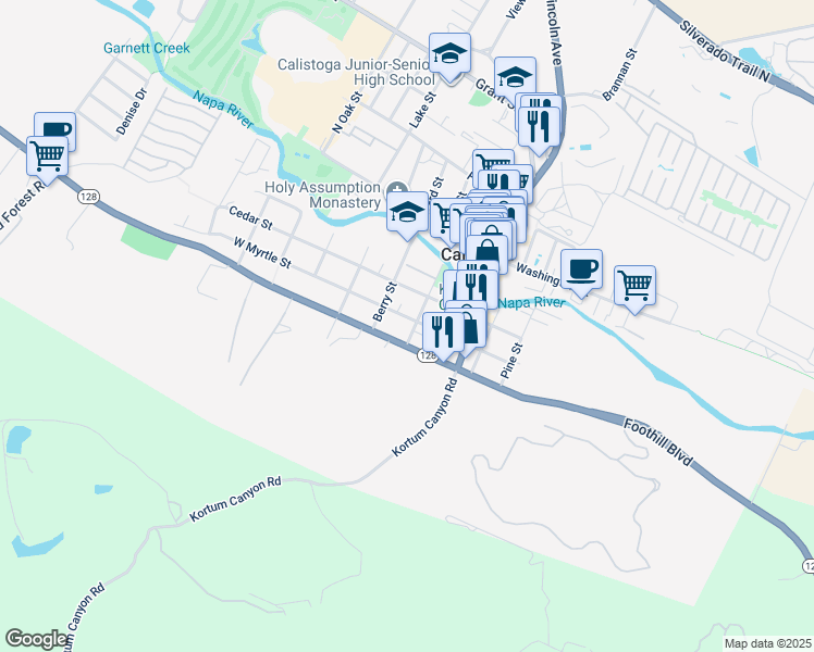 map of restaurants, bars, coffee shops, grocery stores, and more near 1403 Myrtle Street in Calistoga