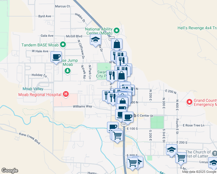 map of restaurants, bars, coffee shops, grocery stores, and more near 236 North 100 West in Moab