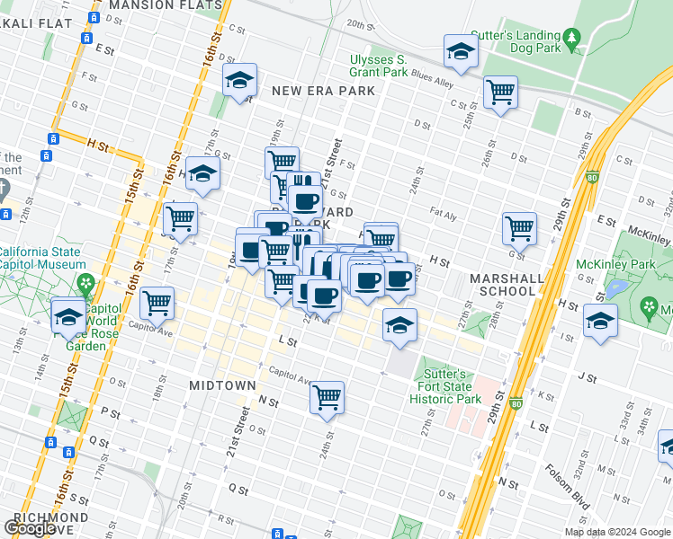 map of restaurants, bars, coffee shops, grocery stores, and more near 2217 I Street in Sacramento