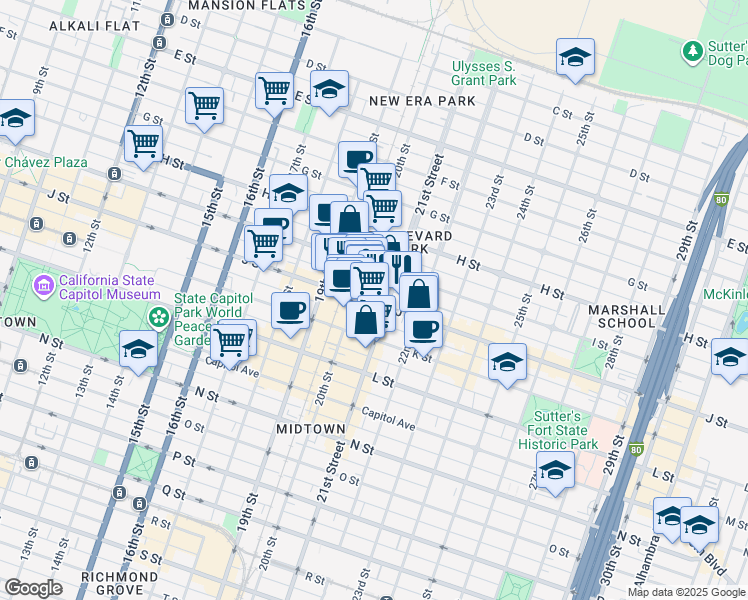 map of restaurants, bars, coffee shops, grocery stores, and more near 2015 J Street in Sacramento