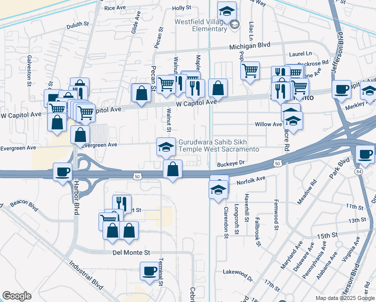 map of restaurants, bars, coffee shops, grocery stores, and more near 2145 Evergreen Avenue in West Sacramento