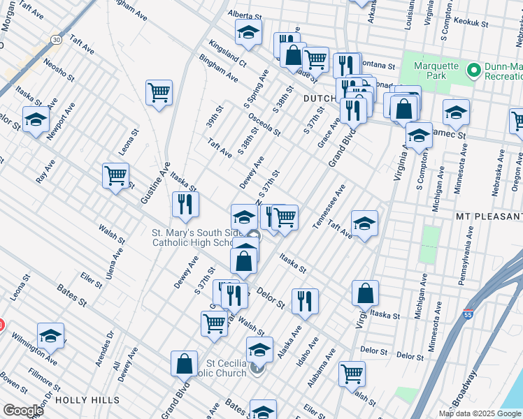 map of restaurants, bars, coffee shops, grocery stores, and more near 3702 Neosho Street in St. Louis