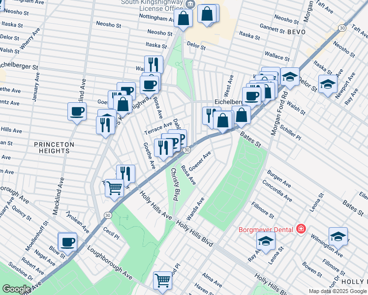 map of restaurants, bars, coffee shops, grocery stores, and more near 4617 Dahlia Avenue in St. Louis